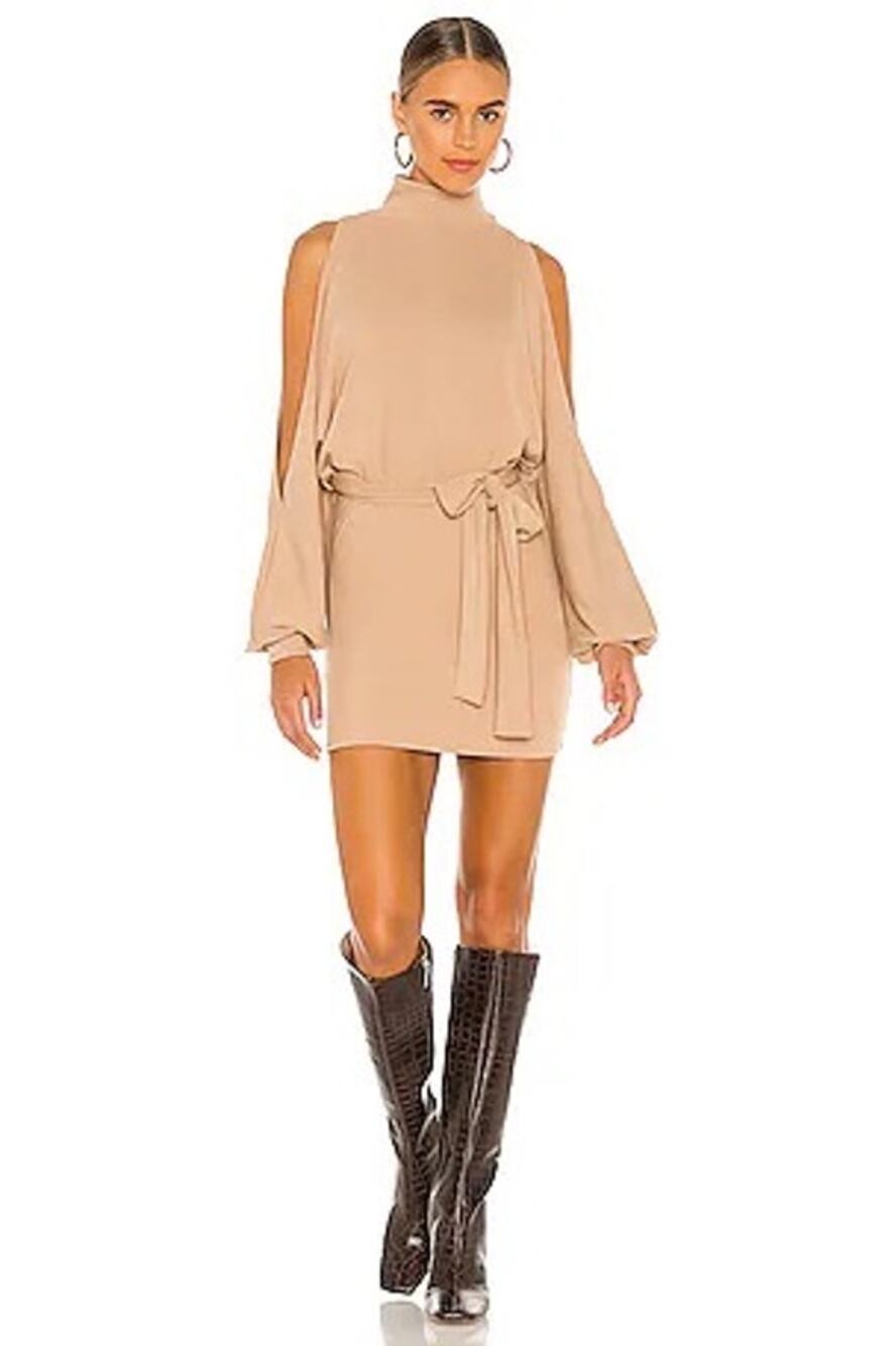 Lovers and Friends Tan Brown Gloria Open Shoulder Mock Neck Mini Dress Small